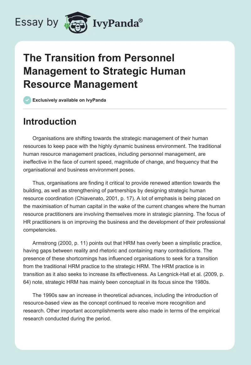 The Transition from Personnel Management to Strategic Human Resource Management. Page 1