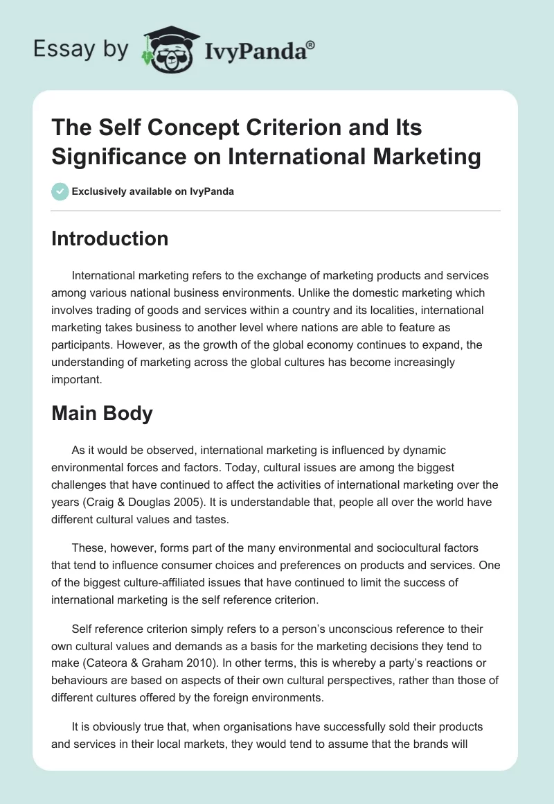 The Self Concept Criterion and Its Significance on International Marketing. Page 1