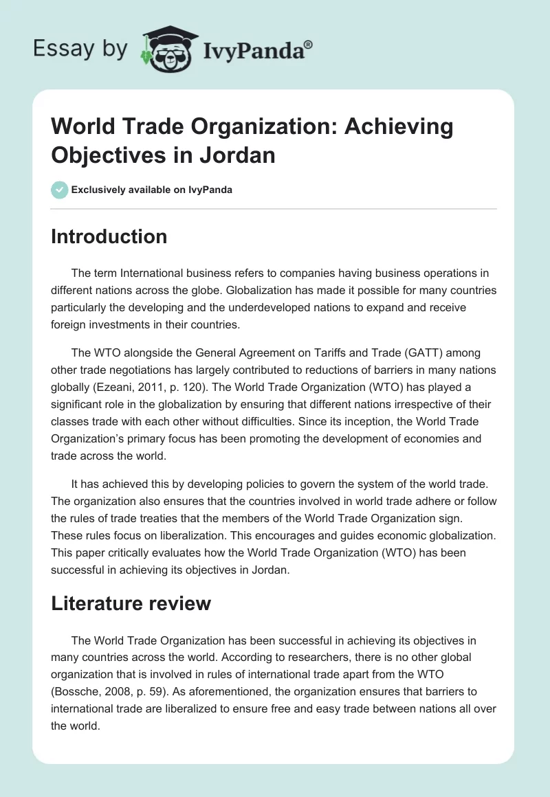 World Trade Organization: Achieving Objectives in Jordan. Page 1