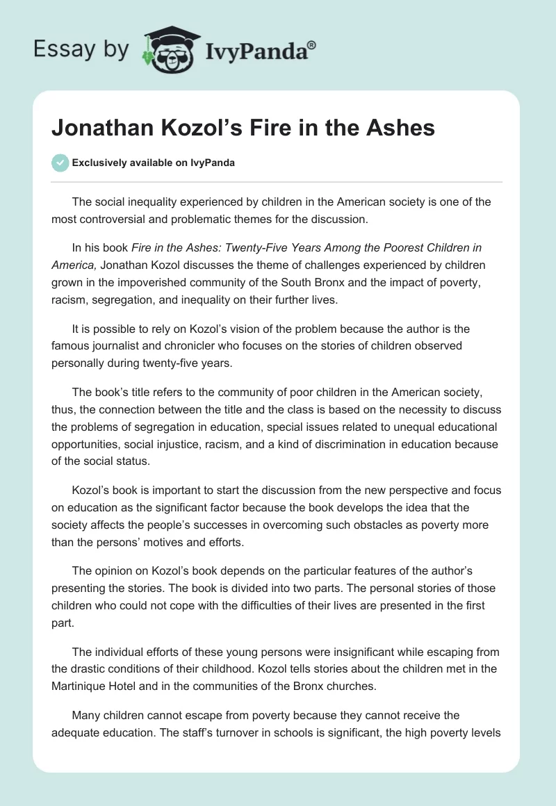 Jonathan Kozol’s Fire in the Ashes. Page 1