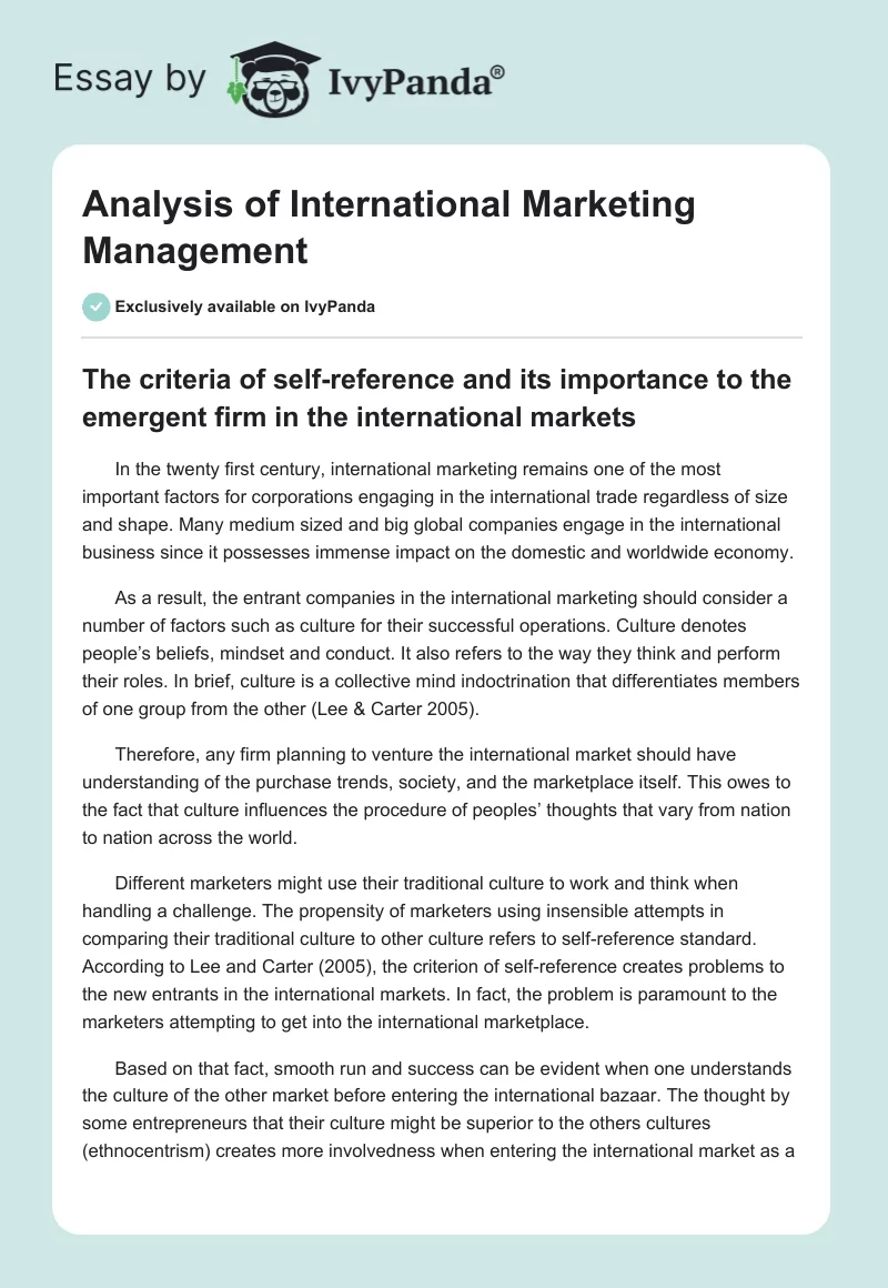 Analysis of International Marketing Management. Page 1