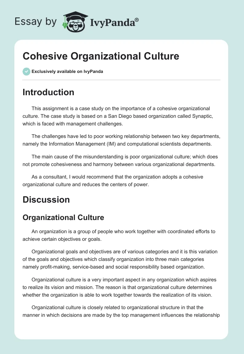 Cohesive Organizational Culture. Page 1