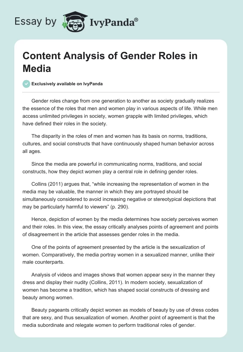 Content Analysis of Gender Roles in Media. Page 1