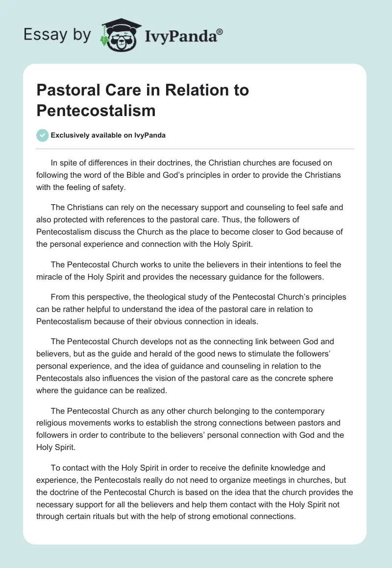 Pastoral Care in Relation to Pentecostalism. Page 1