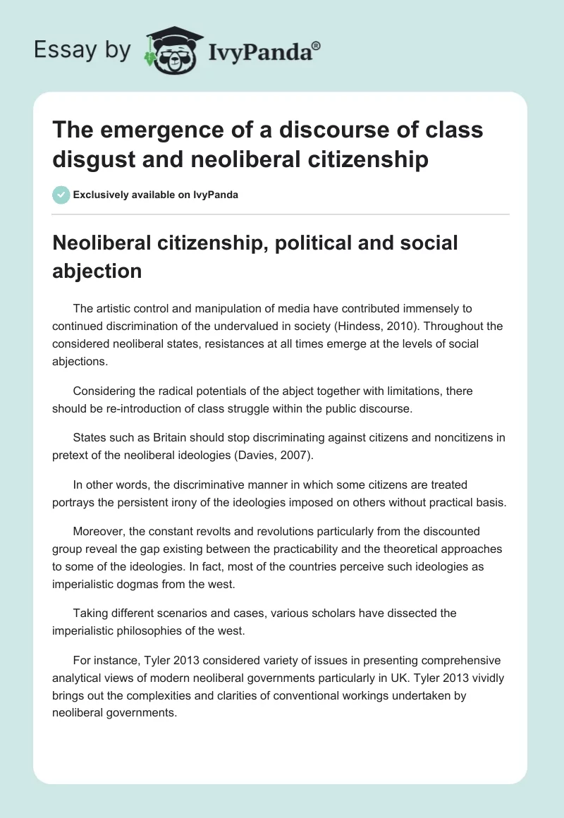 The emergence of a discourse of class disgust and neoliberal citizenship. Page 1