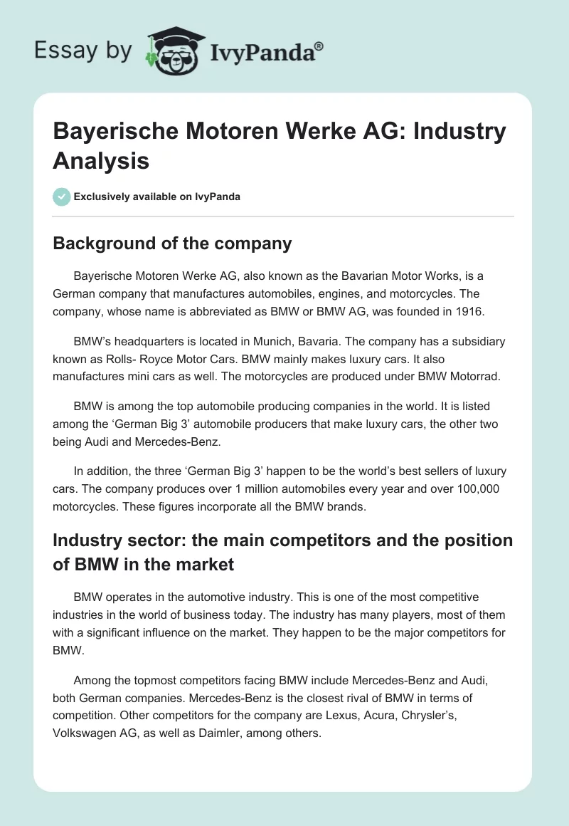 Bayerische Motoren Werke AG: Industry Analysis. Page 1