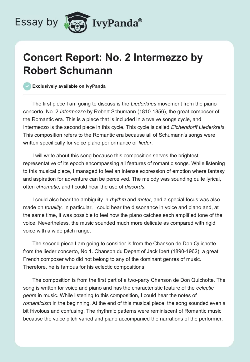 Concert Report: No. 2 Intermezzo by Robert Schumann. Page 1