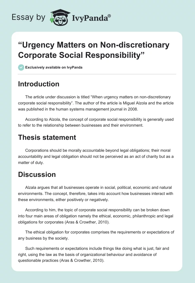 “Urgency Matters on Non-discretionary Corporate Social Responsibility”. Page 1