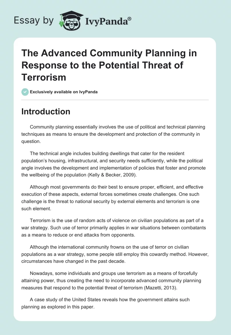 The Advanced Community Planning in Response to the Potential Threat of Terrorism. Page 1