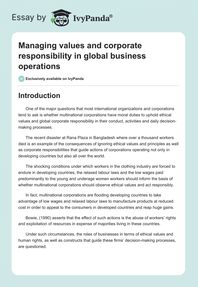 Managing Values and Corporate Responsibility in Global Business Operations. Page 1
