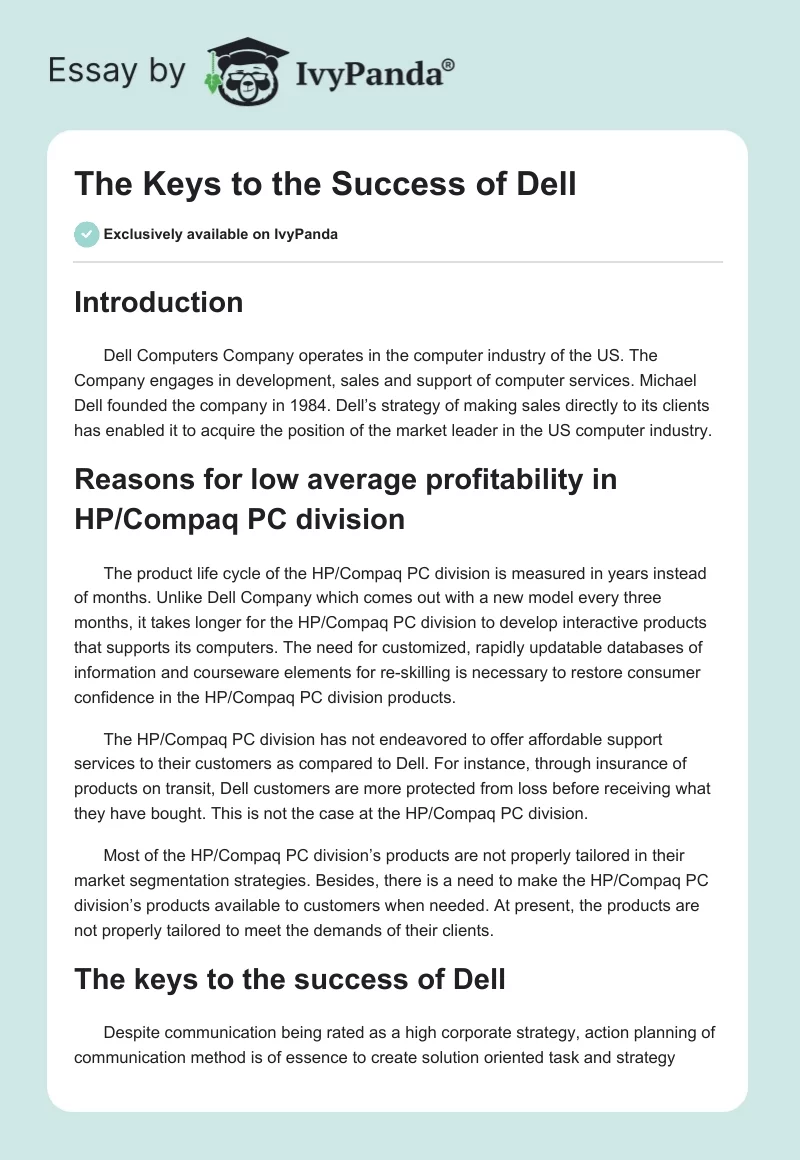 The Keys to the Success of Dell. Page 1