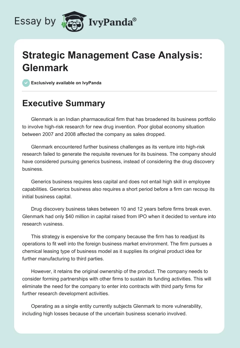 Strategic Management Case Analysis: Glenmark. Page 1