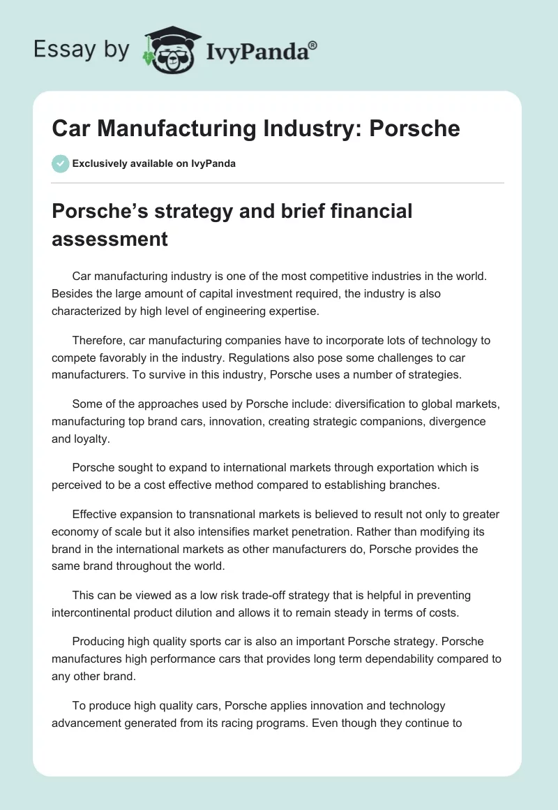 Car Manufacturing Industry: Porsche. Page 1