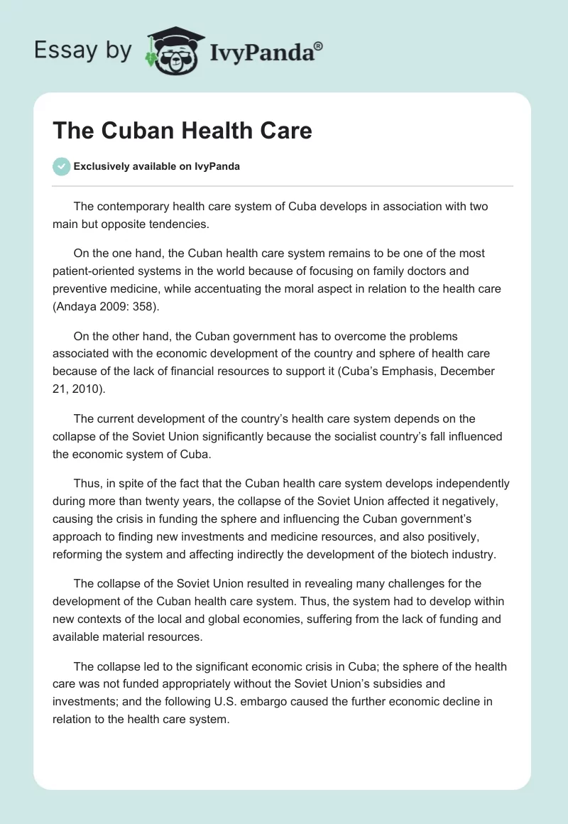 The Cuban Health Care. Page 1