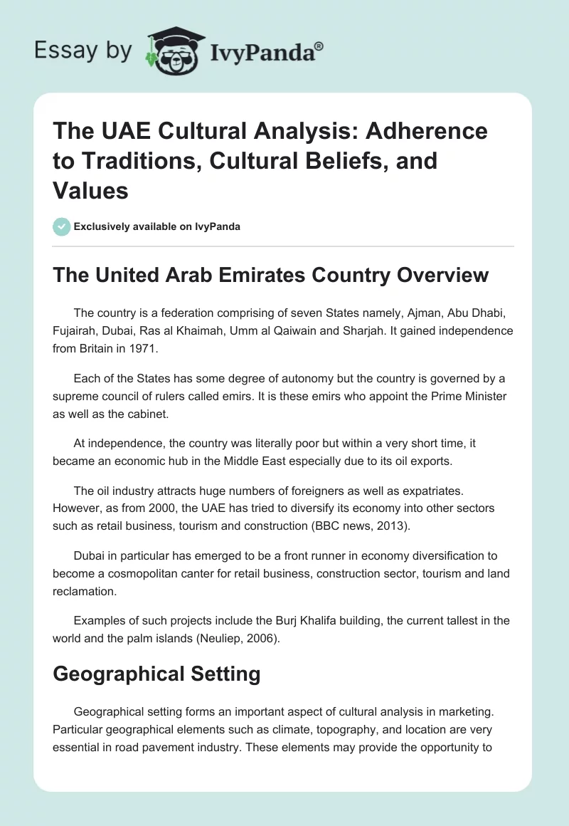 The UAE Cultural Analysis: Adherence to Traditions, Cultural Beliefs, and Values. Page 1