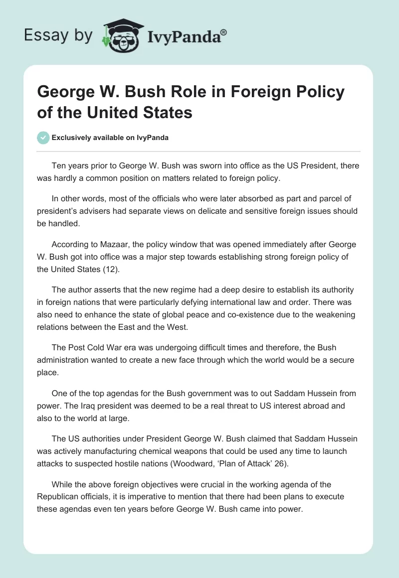 George W. Bush Role in Foreign Policy of the United States. Page 1