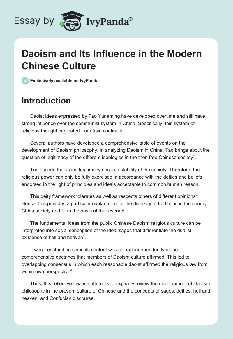 Daoism and Its Influence in the Modern Chinese Culture. Page 1