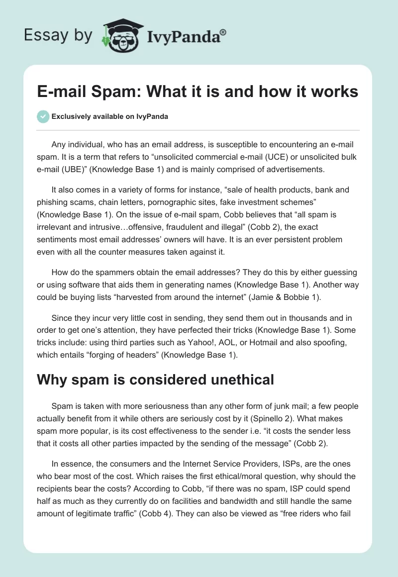 E-mail Spam: What it is and how it works. Page 1
