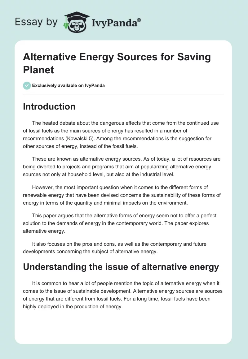 Alternative Energy Sources for Saving Planet. Page 1
