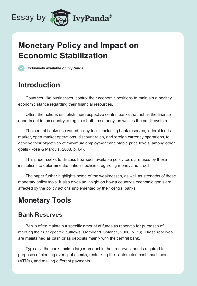 Monetary Policy and Impact on Economic Stabilization. Page 1