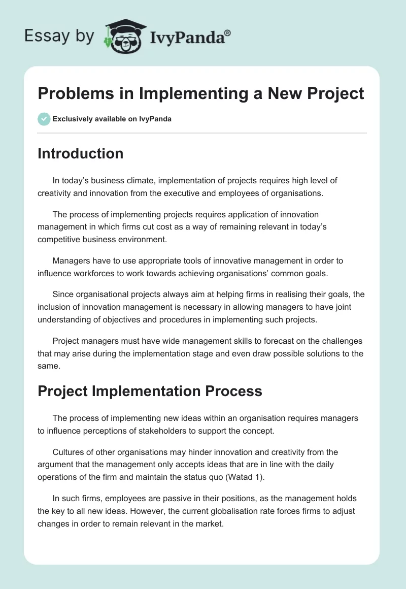 Problems in Implementing a New Project. Page 1