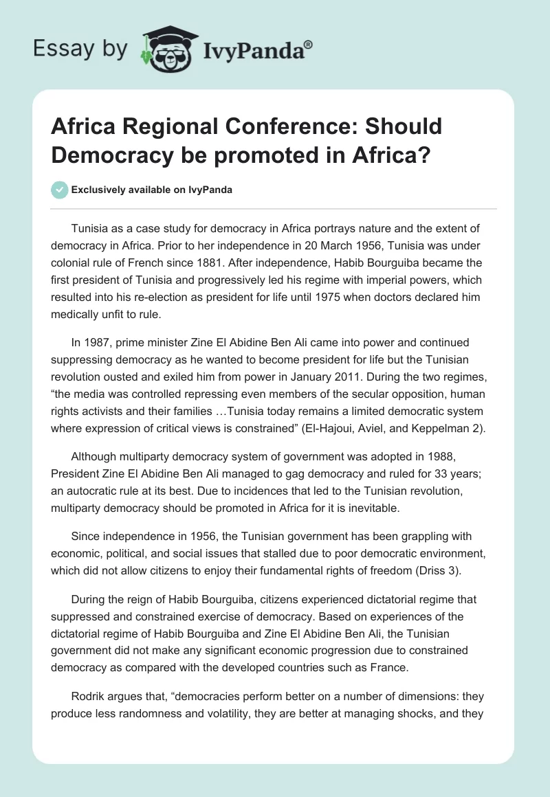 Africa Regional Conference: Should Democracy Be Promoted in Africa?. Page 1