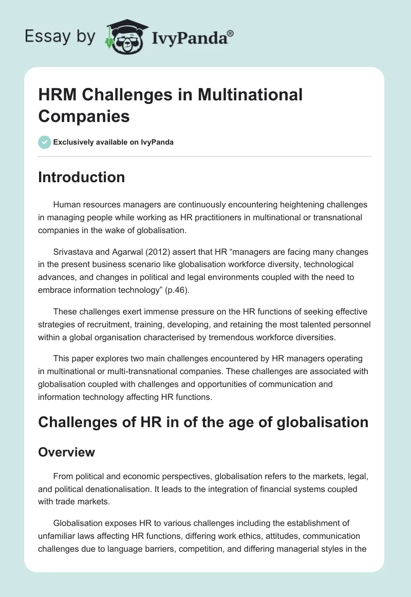HRM Challenges in Multinational Companies. Page 1