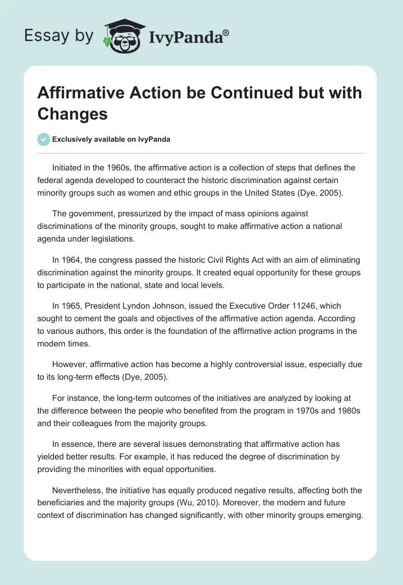 Affirmative Action be Continued but with Changes. Page 1