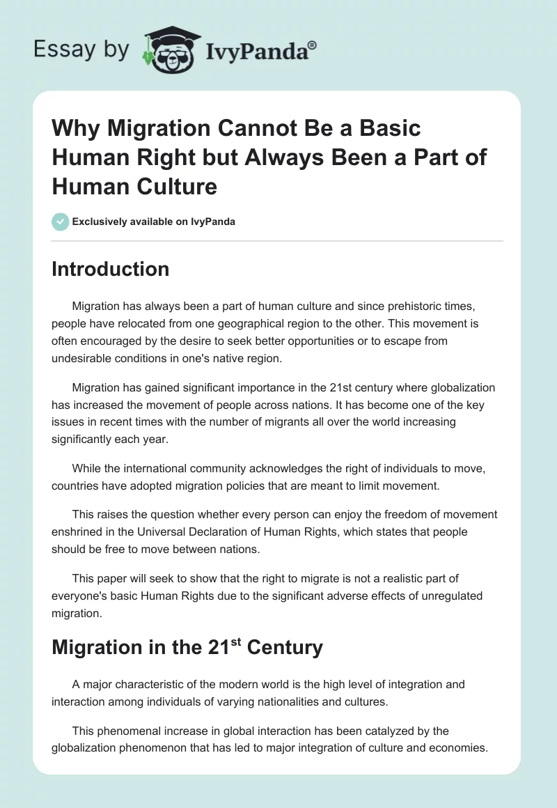 Why Migration Cannot Be a Basic Human Right but Always Been a Part of Human Culture. Page 1