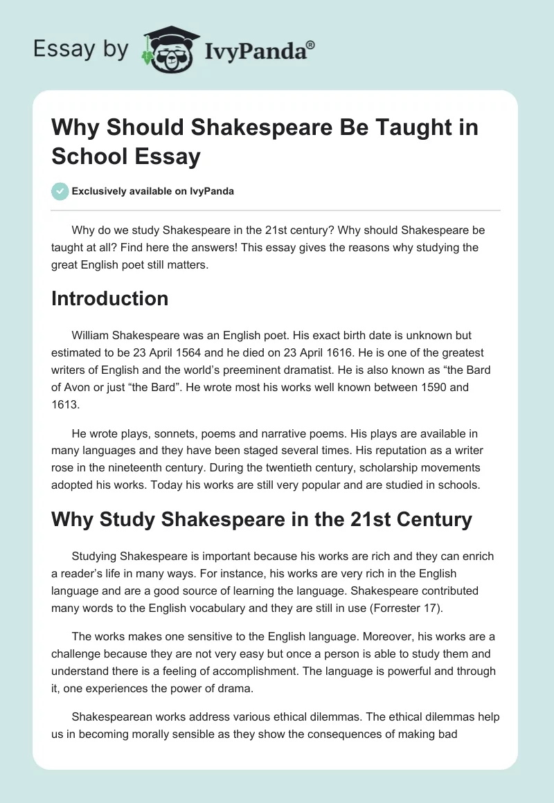Why Should Shakespeare Be Taught in School Essay. Page 1