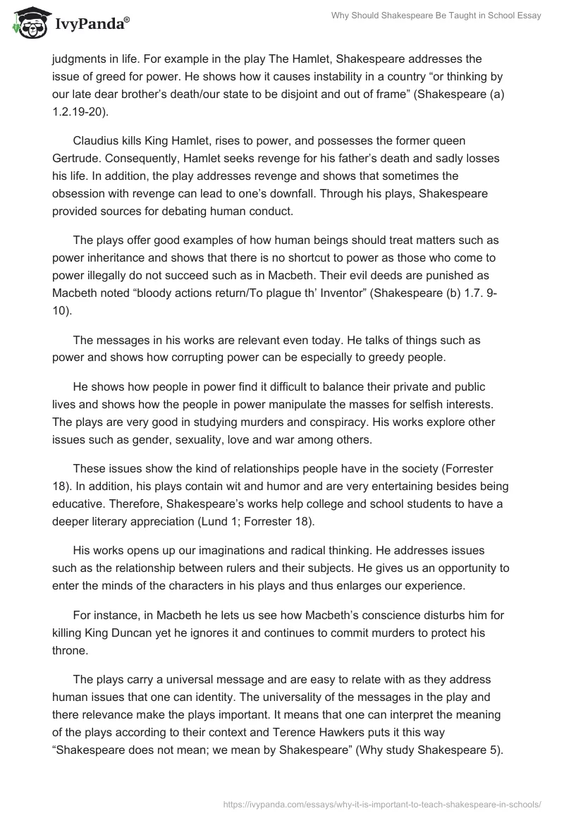 Why Should Shakespeare Be Taught in School Essay. Page 2