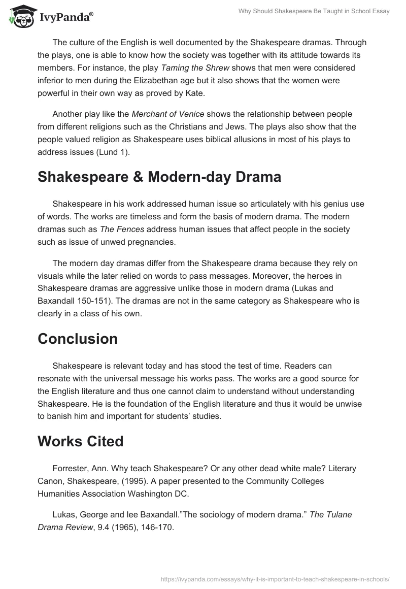 Why Should Shakespeare Be Taught in School Essay. Page 3