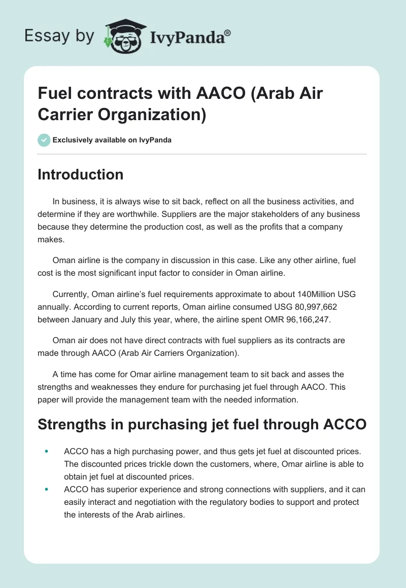 Fuel contracts with AACO (Arab Air Carrier Organization). Page 1