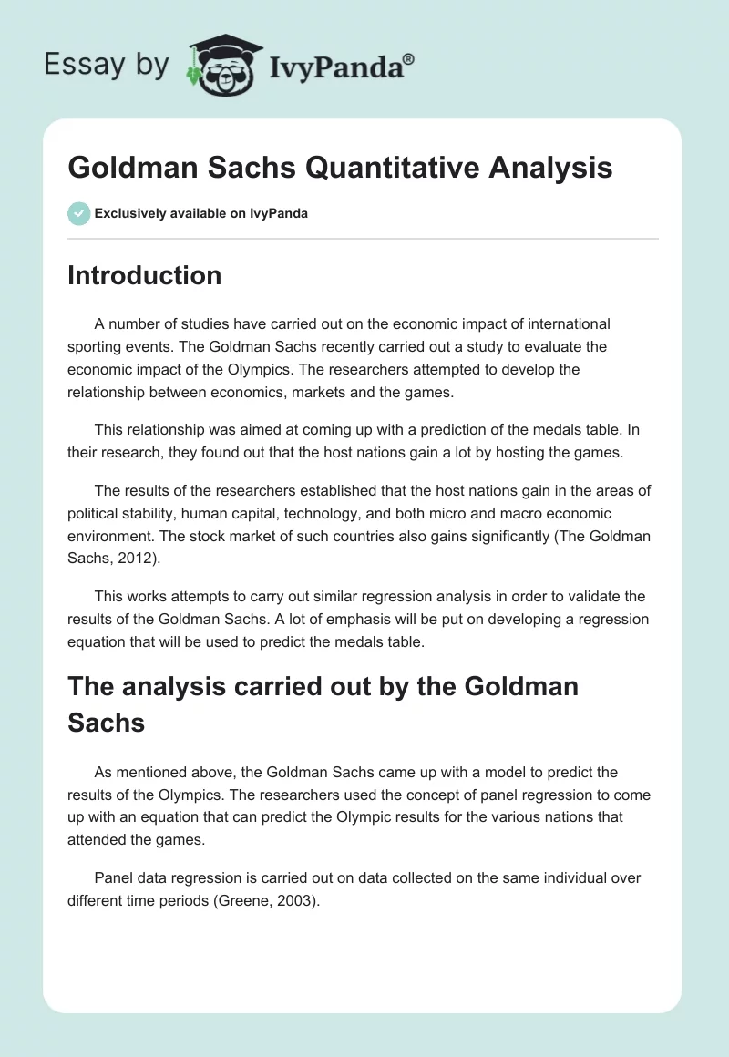 Goldman Sachs Quantitative Analysis. Page 1