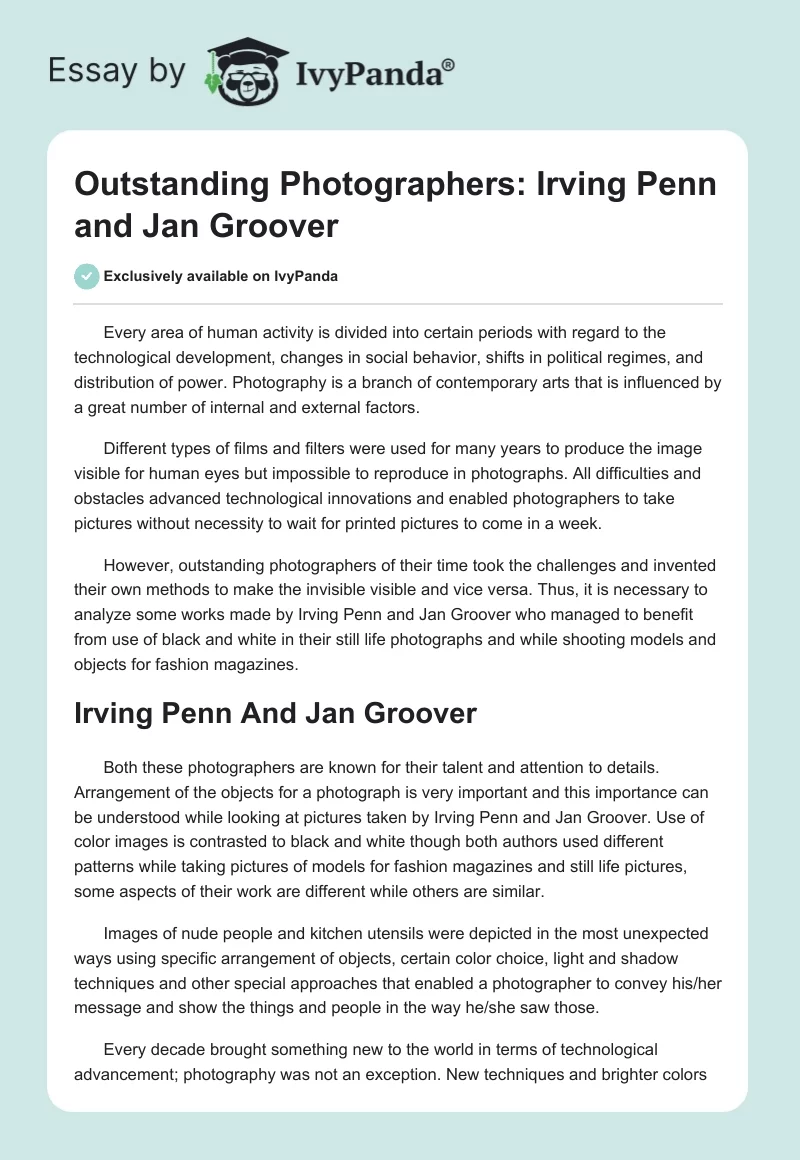 Outstanding Photographers: Irving Penn and Jan Groover. Page 1