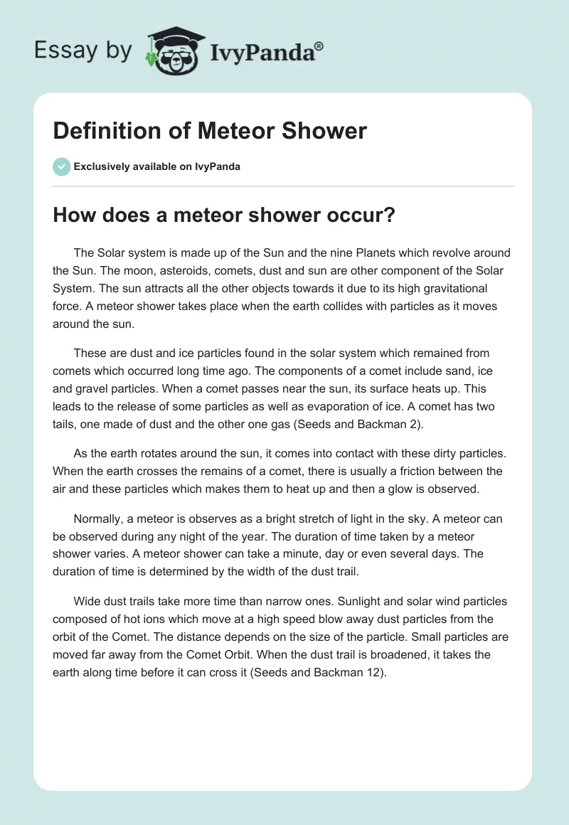 Definition of Meteor Shower. Page 1