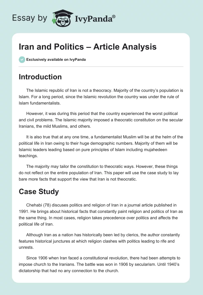 Iran and Politics – Article Analysis. Page 1