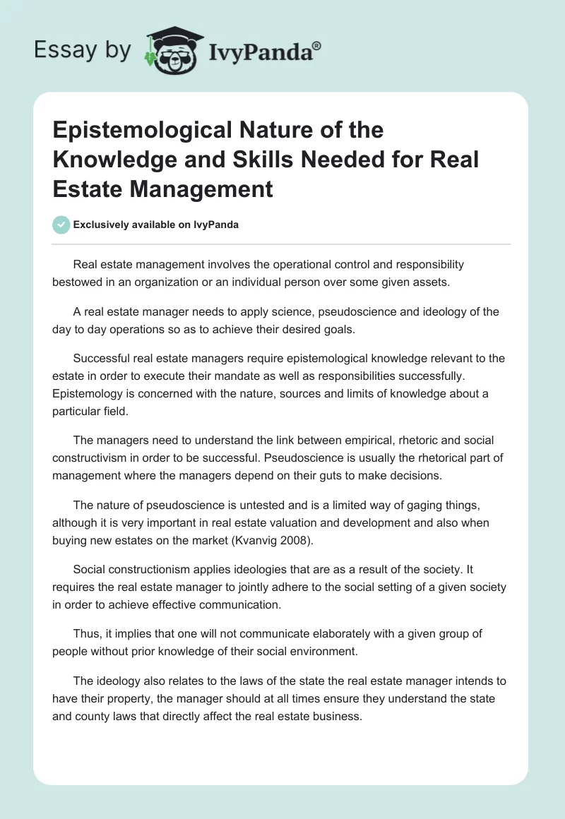 Epistemological Nature of the Knowledge and Skills Needed for Real Estate Management. Page 1