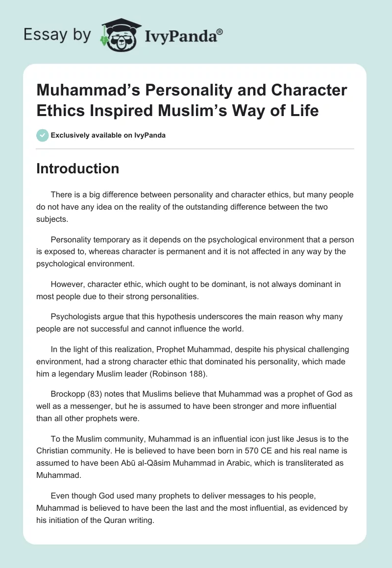 Muhammad’s Personality and Character Ethics Inspired Muslim’s Way of Life. Page 1