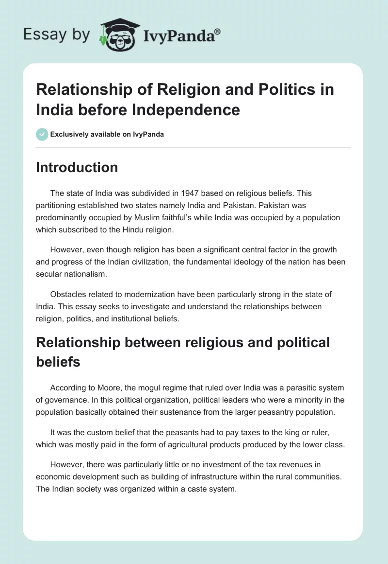 Relationship of Religion and Politics in India before Independence. Page 1