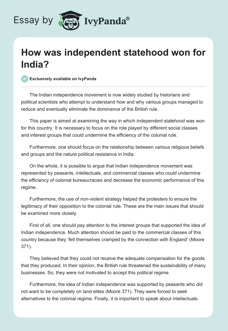 How was independent statehood won for India?. Page 1