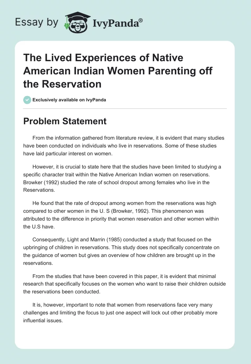 The Lived Experiences of Native American Indian Women Parenting off the Reservation. Page 1