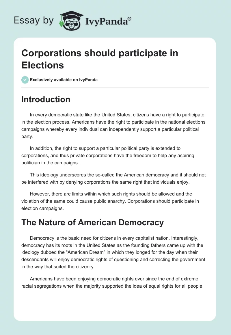Corporations Should Participate in Elections. Page 1