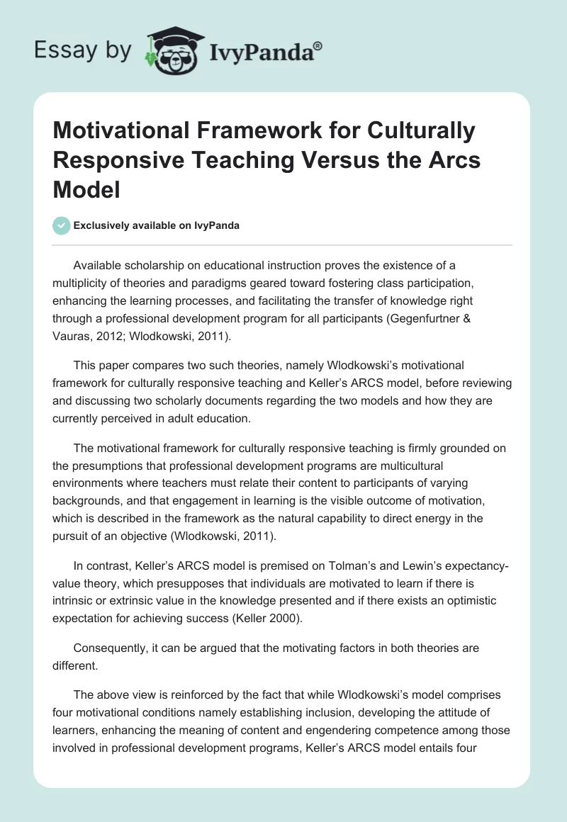 Motivational Framework for Culturally Responsive Teaching Versus the Arcs Model. Page 1