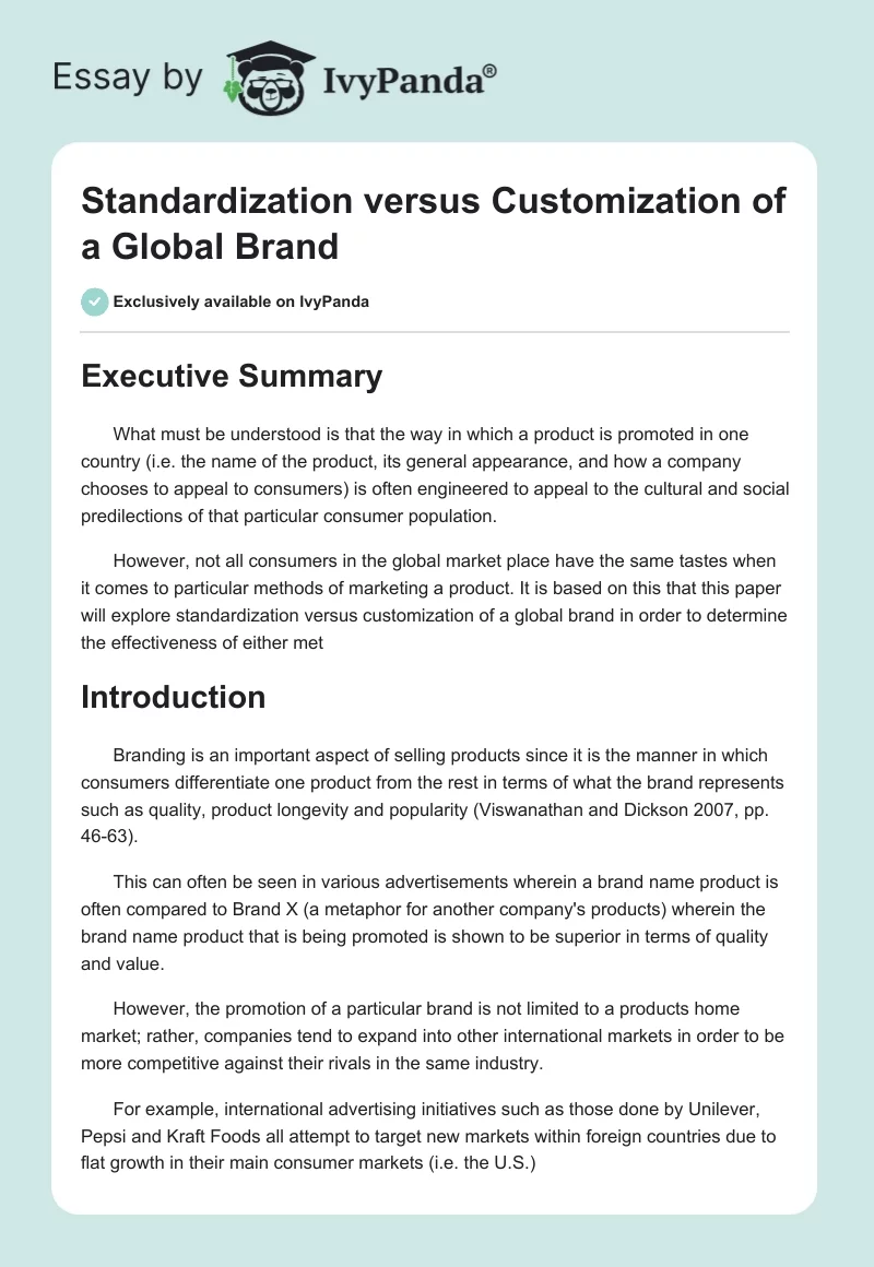 Standardization Versus Customization of a Global Brand. Page 1
