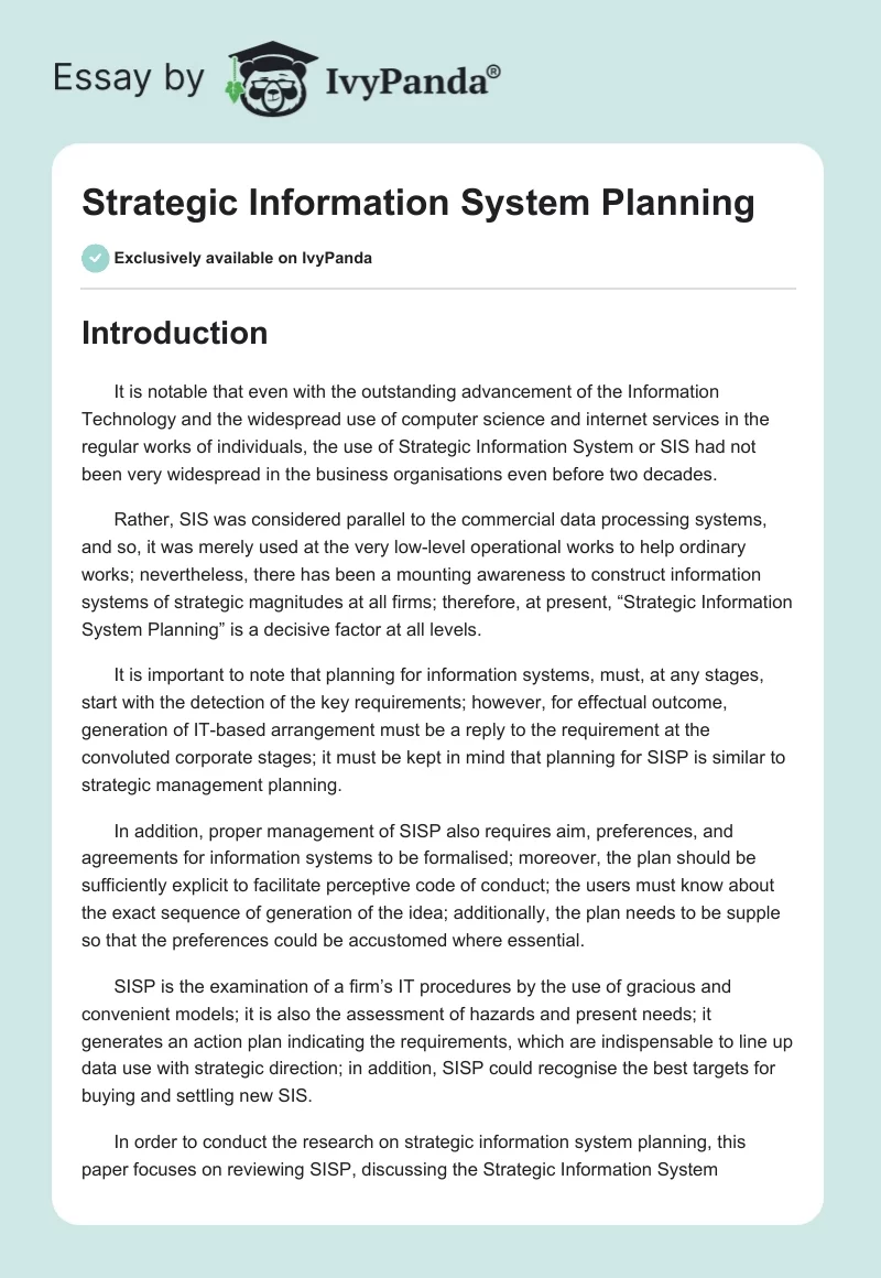 Strategic Information System Planning. Page 1