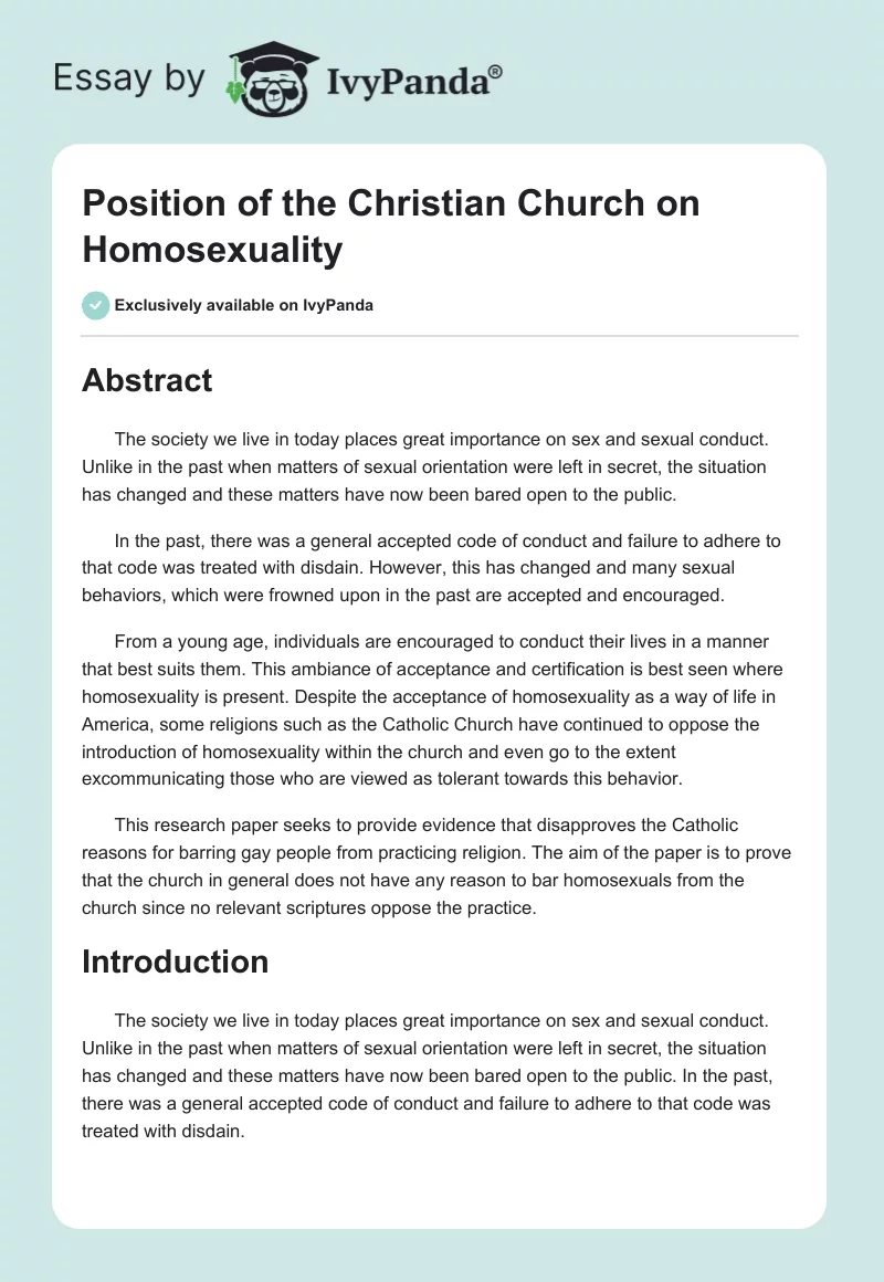 Position of the Christian Church on Homosexuality. Page 1
