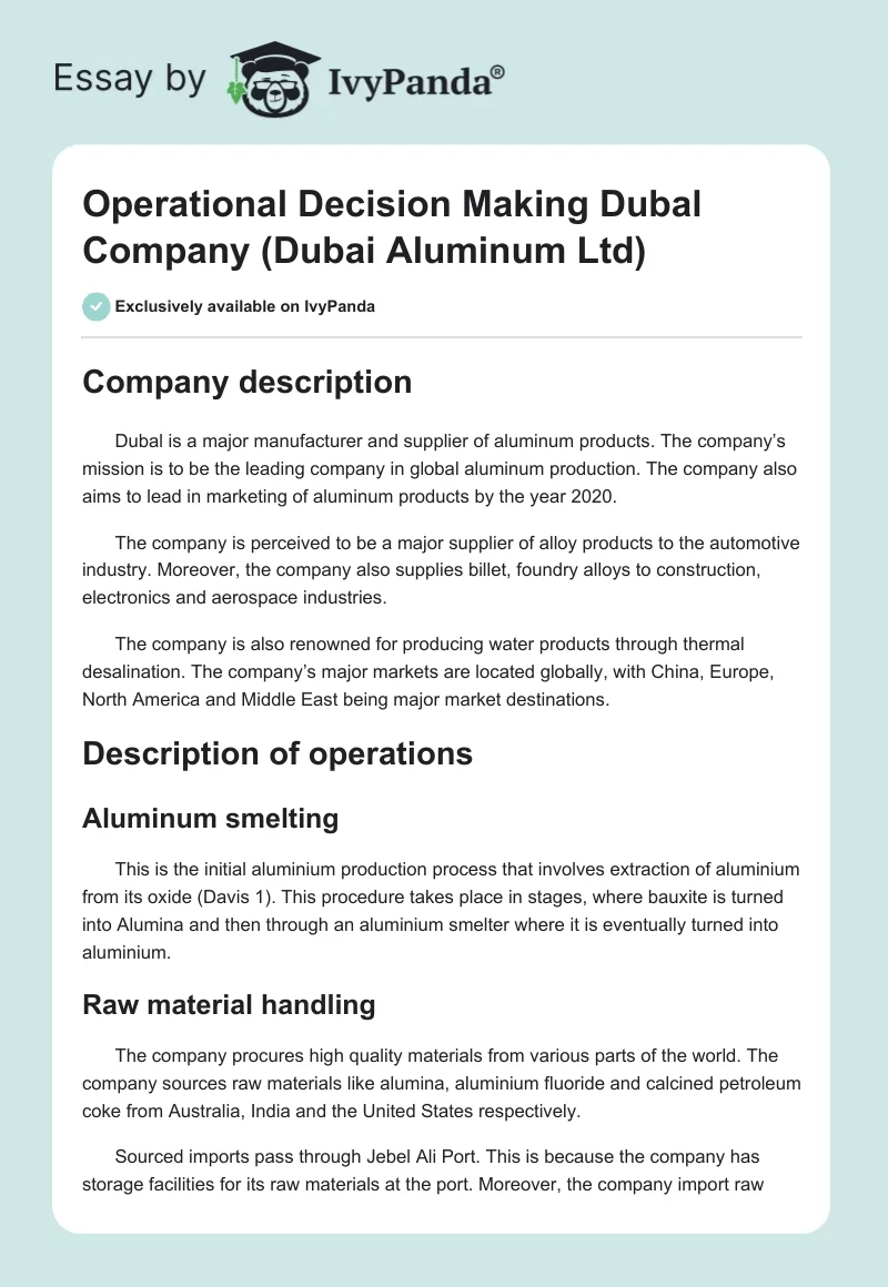 Operational Decision Making Dubal Company (Dubai Aluminum Ltd). Page 1