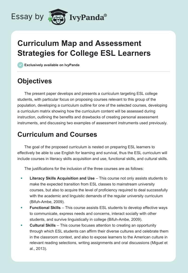 Curriculum Map and Assessment Strategies for College ESL Learners. Page 1