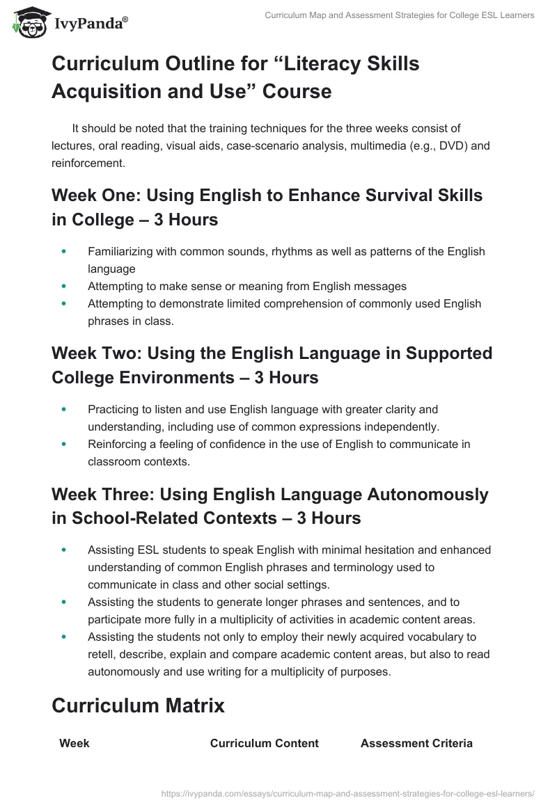Curriculum Map and Assessment Strategies for College ESL Learners. Page 2